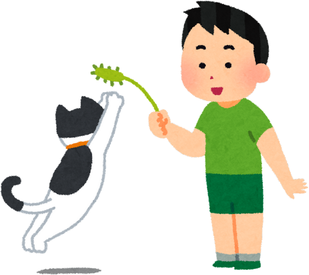 Illustration of a Boy Playing with a Cat Using a Cat Toy